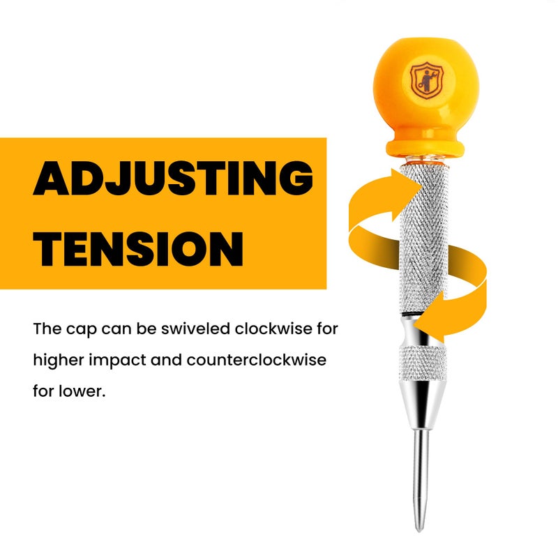 MulWark 5" Spring-Loaded Automatic Steel Center Hole Punch Marker Scriber for Wood, Metal, Plastic, Car Window Puncher Breaker Tool-with Palm Cushion Cap, Adjustable Impact-A Replacement Tip Included - Image 5